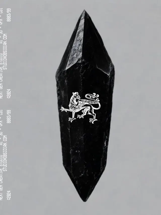 Obsidian pointed crystal with heraldic lion engraving, geometric, minimal, dark