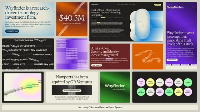 Fintech brand system showcase with multi-color card grid, flat, corporate-clean, high-contrast