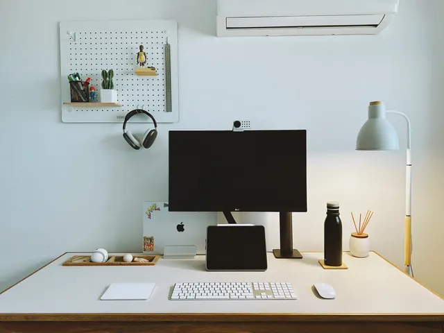 Minimalist Scandinavian desk setup, minimal, photographic, light