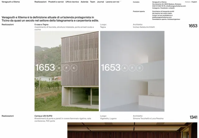 Architectural portfolio grid with wood and concrete, minimal, corporate-clean, light