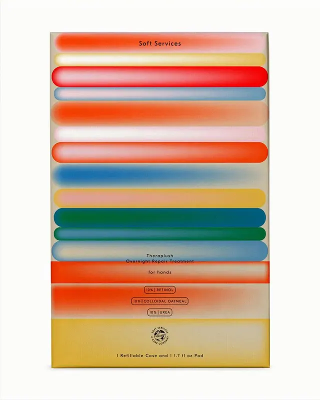 Cosmetic product packaging with stacked color bars, playful, organic, warm