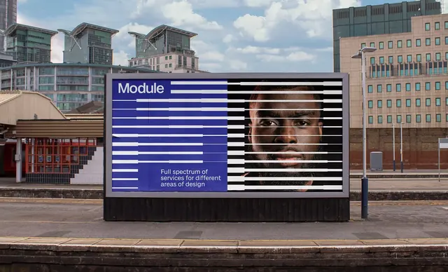 Striped portrait and typography billboard design, minimal, corporate-clean, dark