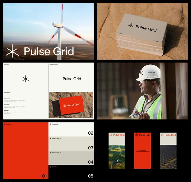 Pulse Grid brand identity system, minimal, corporate-clean, light