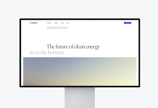 Skyborn energy hero with gradient background, minimal, corporate-clean, light