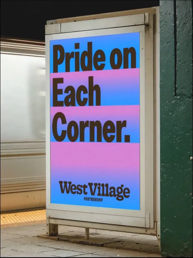 West Village Partnership bold color-blocked signage, geometric, vibrant