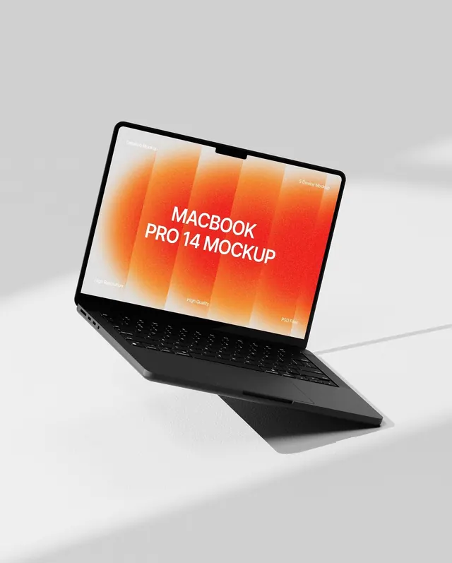 MacBook Pro 14 mockup with gradient display, minimal, photographic, warm