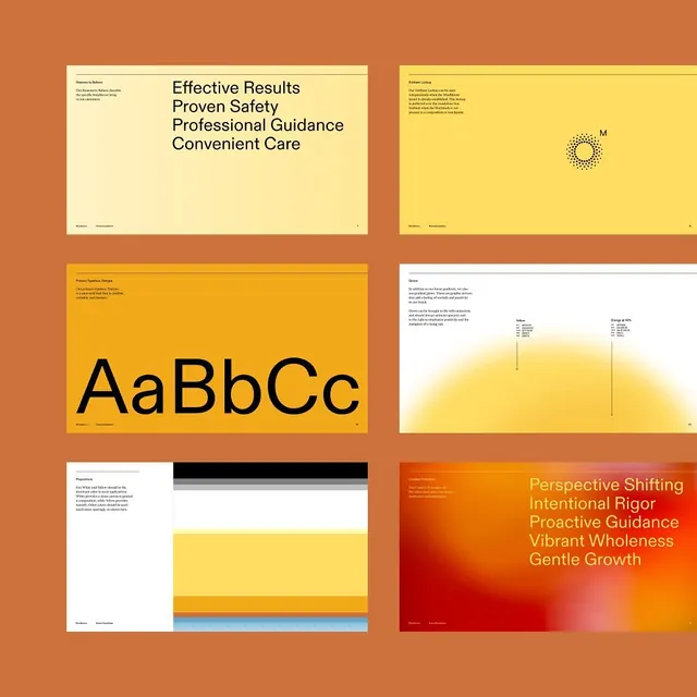 Brand system: Swiss-style burnt orange identity, minimal, corporate-clean, vibrant