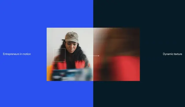 Split editorial layout with motion blur and bold color blocks, editorial, gradient-heavy, dark
