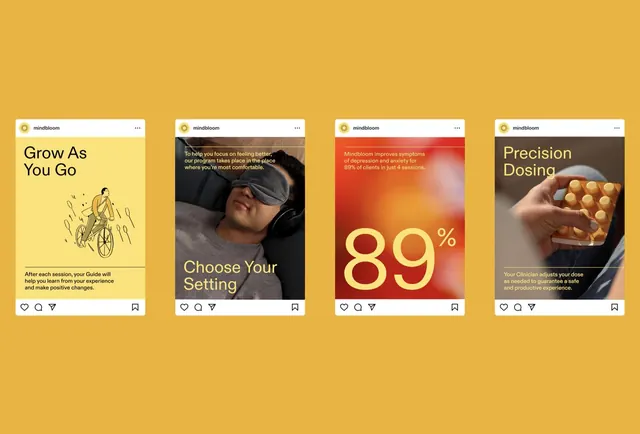 Mindbloom wellness app card system in mustard and warm tones, minimal, organic, earthy