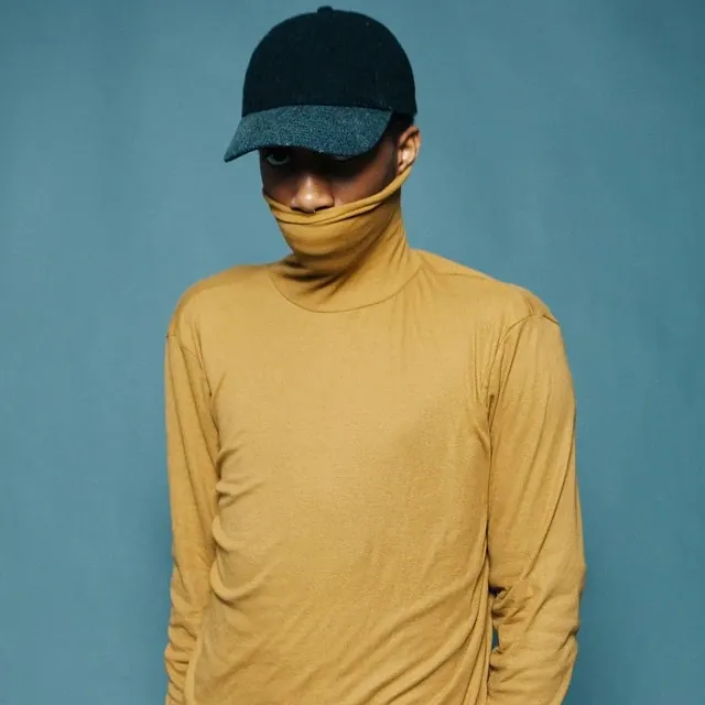 Portrait of a person in a turtleneck and cap, minimal, flat, high-contrast