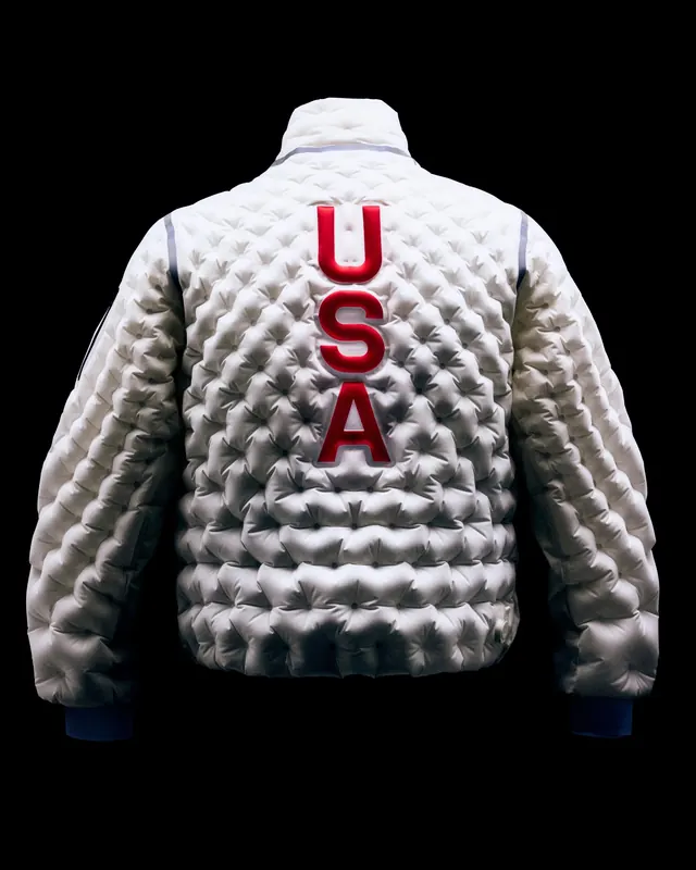 USA Lettering on Quilted Jacket, minimal, photographic, high-contrast