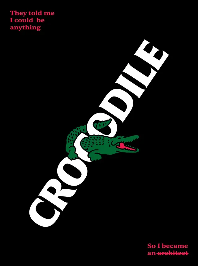 Crocodile Wordmark and Illustration, brutalist, maximalist, high-contrast