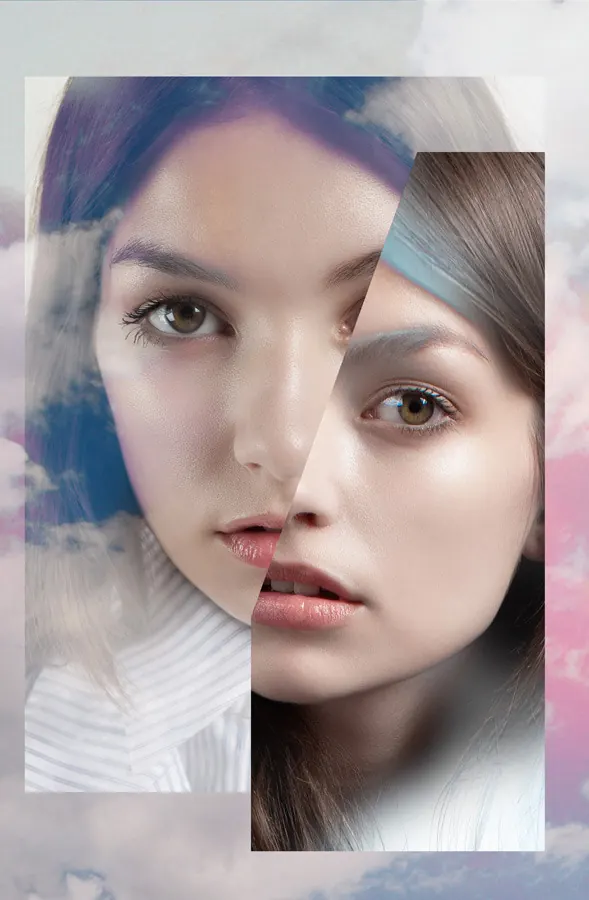 Split-Face Portrait Collage, organic, abstract, muted