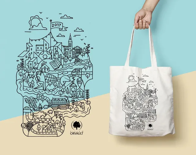 Line-art Illustration and Tote Bag Mockup, line-art, minimal, high-contrast