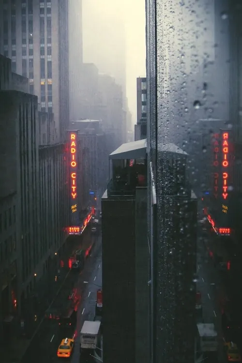Rainy Cityscape View, photographic, dark-mode, dark