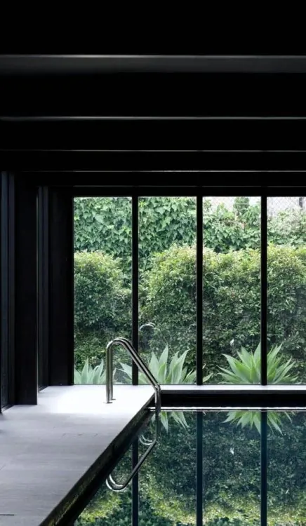 Modern Minimalist Interior with Pool, minimal, luxury, dark