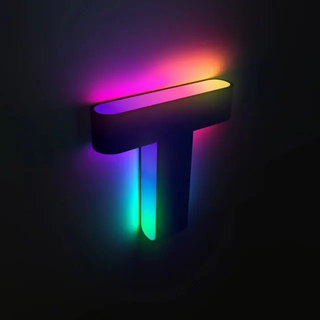 Neon Glowing T Logo, gradient-heavy, dark-mode, vibrant