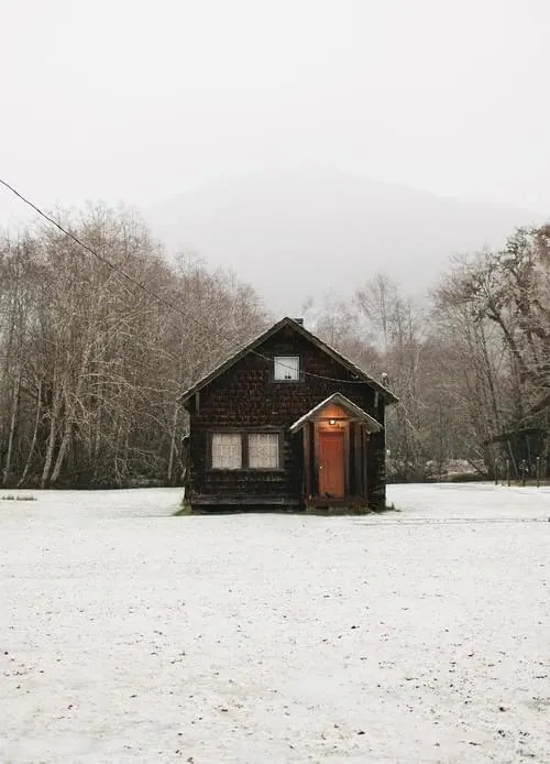 Snowy Cabin Landscape, minimal, photographic, monochrome