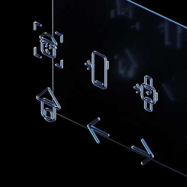 Glassmorphic UI icons on dark background, minimal, glassmorphism, dark