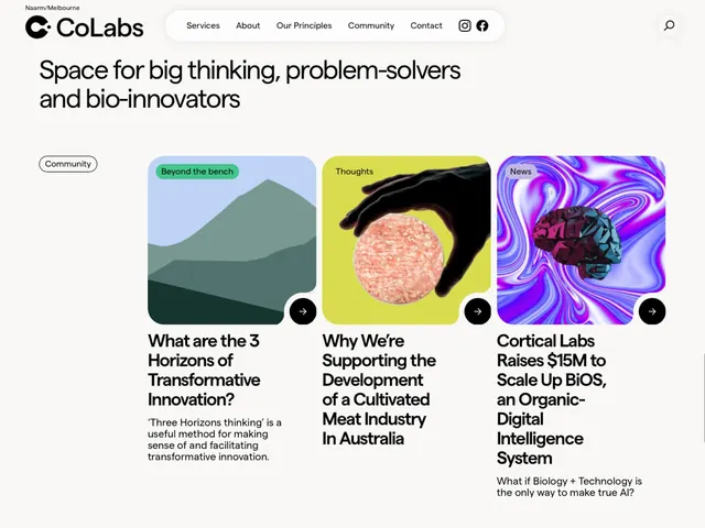 CoLabs three-card innovation hero with gradient overlays, minimal, gradient-heavy, light