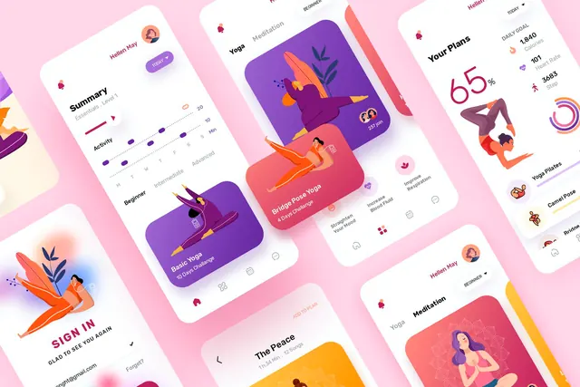 Isometric app mockup grid, illustrated, playful, light