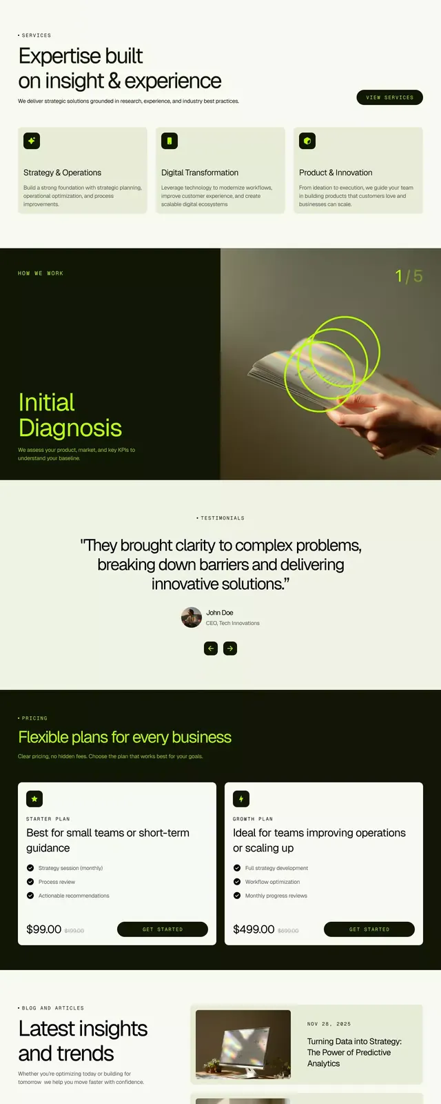 Upmind multi-section B2B consulting landing page in olive and cream, minimal, corporate-clean, light