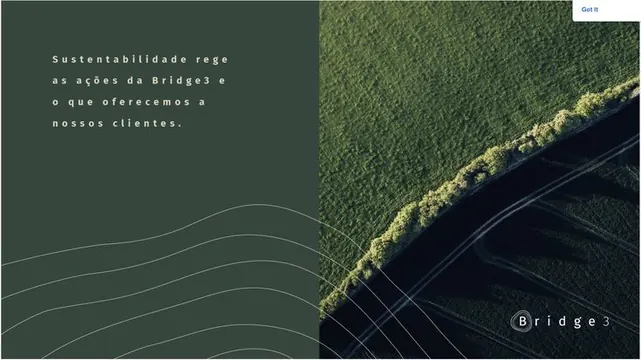 Bridge3 split-layout sustainability page with aerial photography, minimal, organic, dark