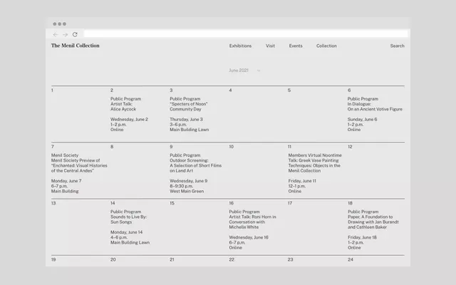 Menil Collection June 2021 event calendar, minimal, swiss, light