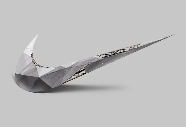 Concrete Nike swoosh sculpture, brutalist, 3d-render, monochrome