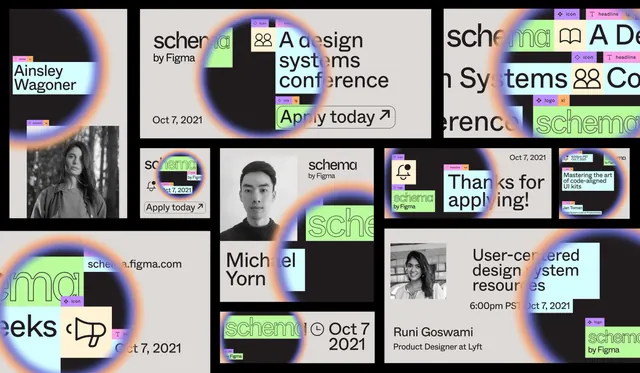 Design systems conference visual collage, minimal, dark-mode, dark