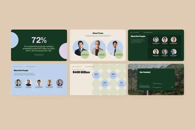 Presentation slide grid with data, team, and contact, minimal, corporate-clean, light