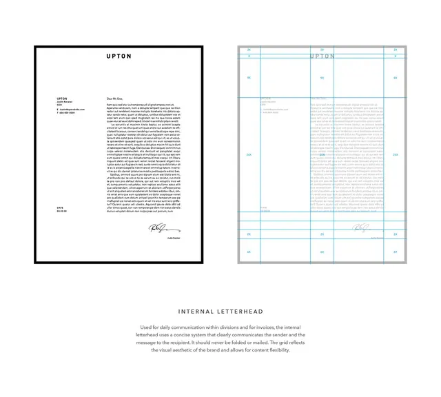 Upton brand letterhead with grid system, minimal, corporate-clean, dark