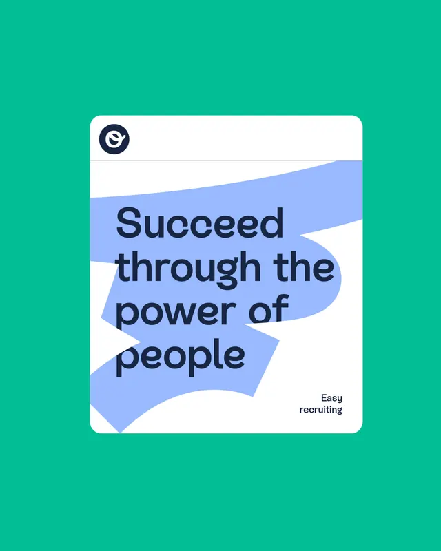 Teal recruiting card with layered blue shape, minimal, flat, vibrant