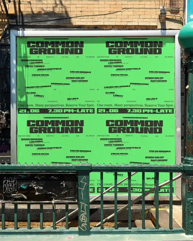 Common Ground neon street sign, technical, data-dense, dark
