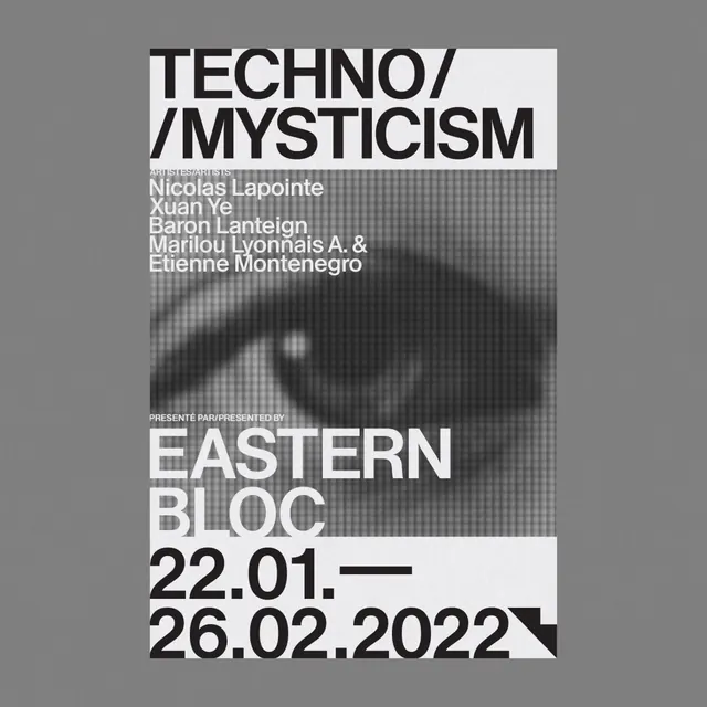 Brutalist exhibition poster with pixelated image, brutalist, minimal, dark