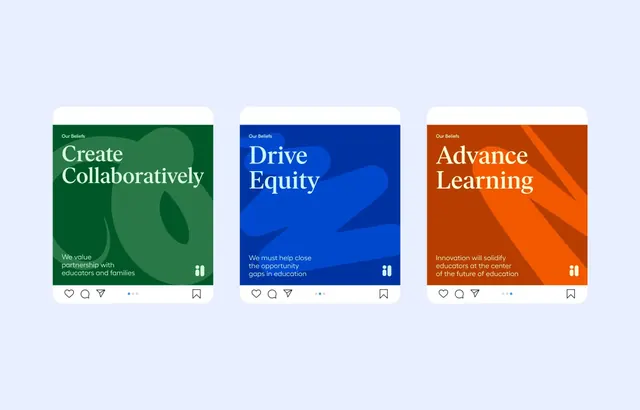 Three-card color-blocked mission statement display, minimal, corporate-clean, light