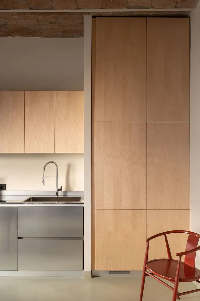Scandinavian minimalist kitchen with wood-and-steel palette, minimal, organic, light