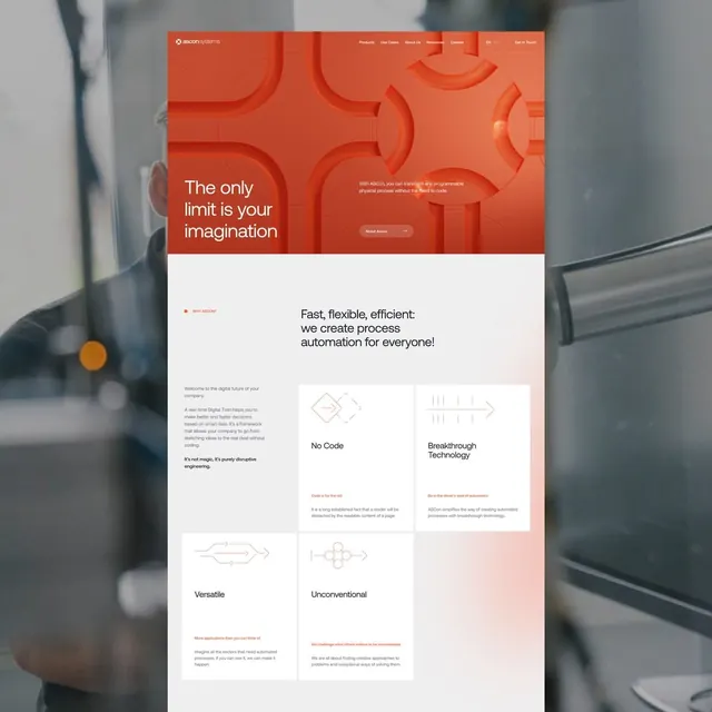 SaaS hero with burnt-orange geometric shapes and features grid, minimal, corporate-clean, light