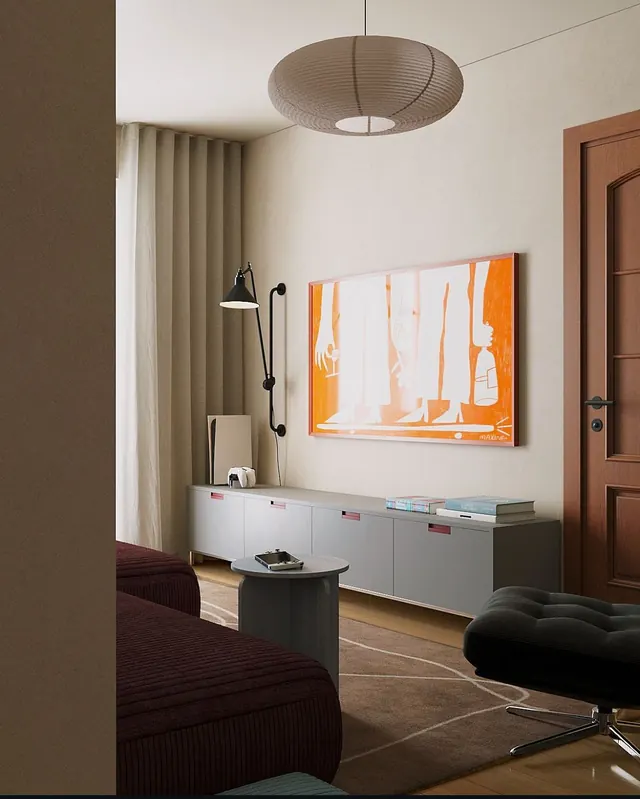 Minimalist interior with orange abstract wall art, minimal, organic, muted