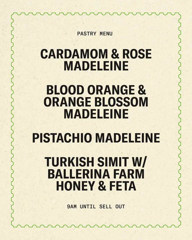 Pastry menu with scalloped green border, minimal, playful, light
