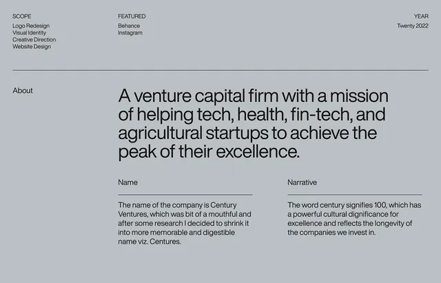 Institutional venture capital about page, minimal, swiss, monochrome