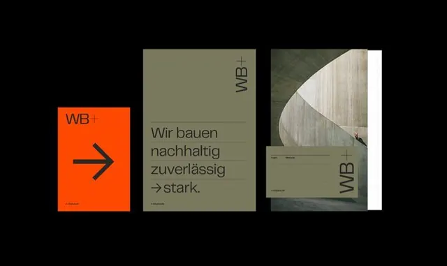 Corporate identity triptych with orange accent, minimal, corporate-clean, warm