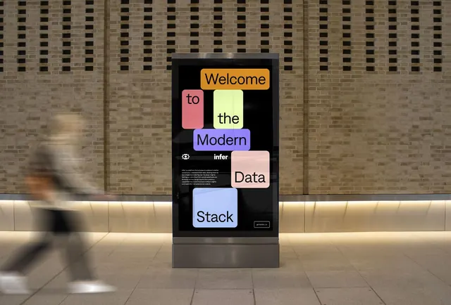 Modern data stack display with color-blocked typography, minimal, geometric, dark