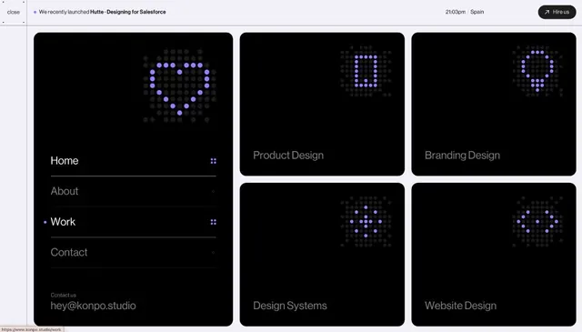 Dark portfolio grid with purple dot patterns, minimal, dark-mode, dark