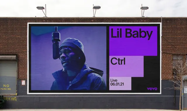 Music event billboard with purple split typography, dark-mode, gradient-heavy, dark