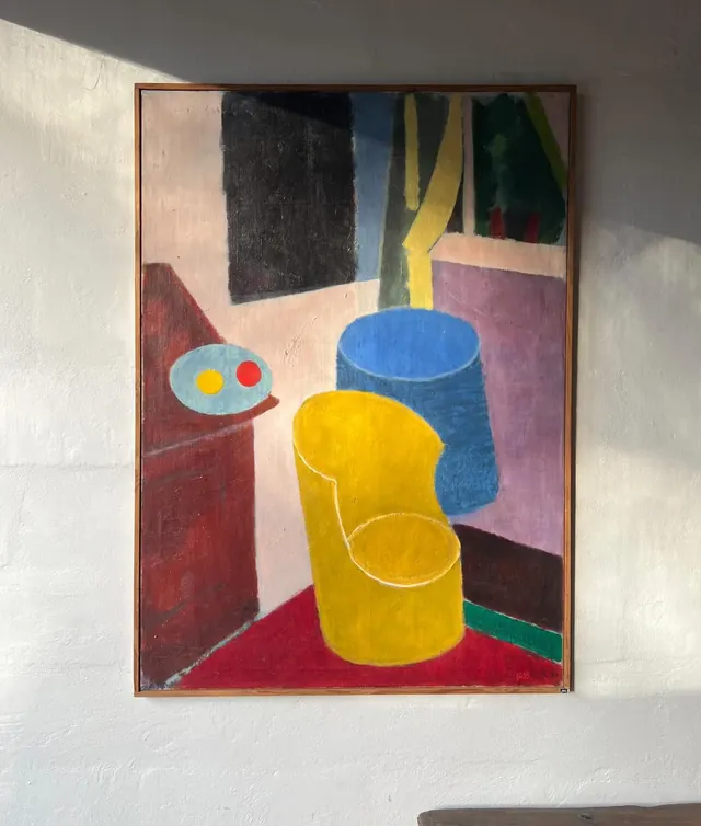 Cubist still life with warm color planes, abstract, geometric, warm