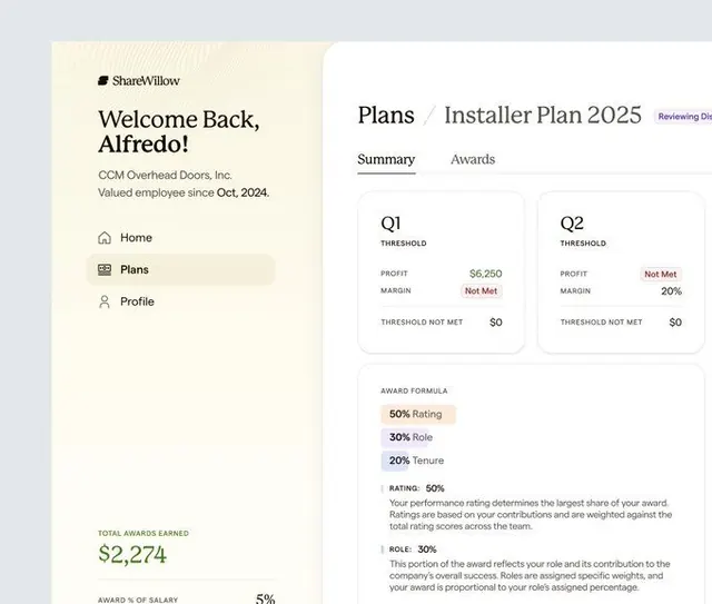SaaS employee dashboard with earnings metrics, corporate-clean, minimal, light