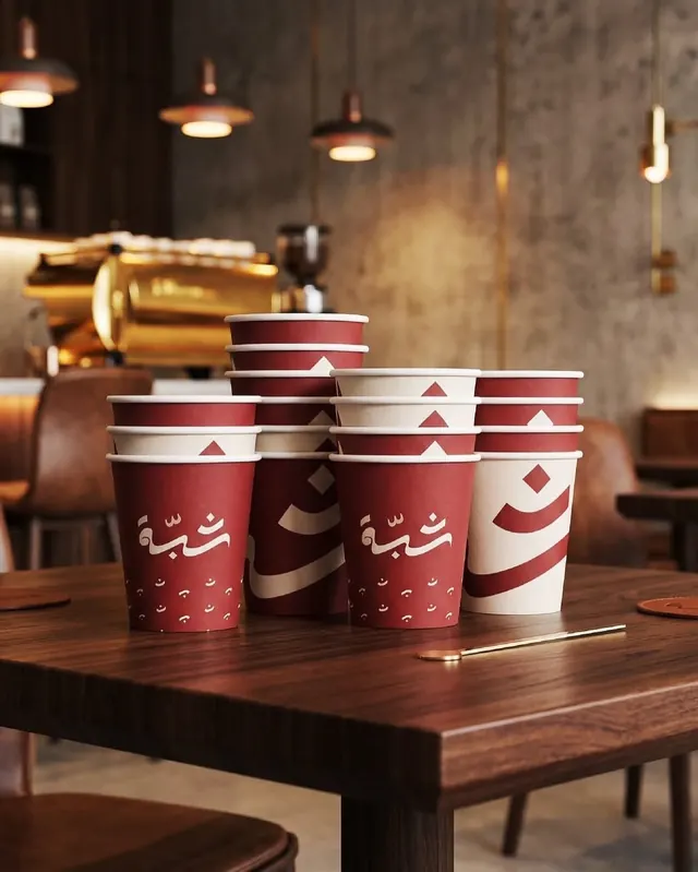 Modern Arabic coffee cup packaging design mockup, minimal, geometric, warm