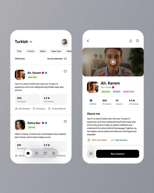 Tutor profile cards with video preview, minimal, light-mode, light