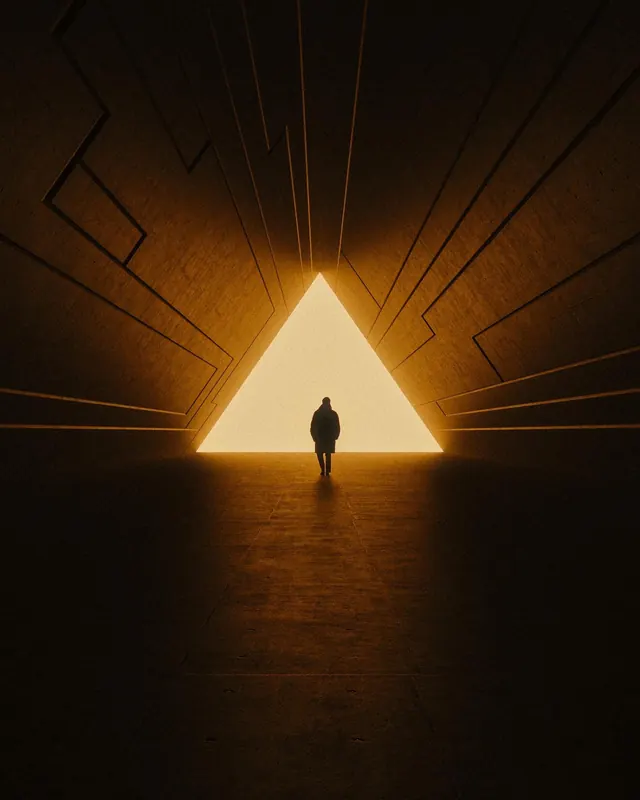 Triangular light corridor silhouette, minimal, 3d-render, dark